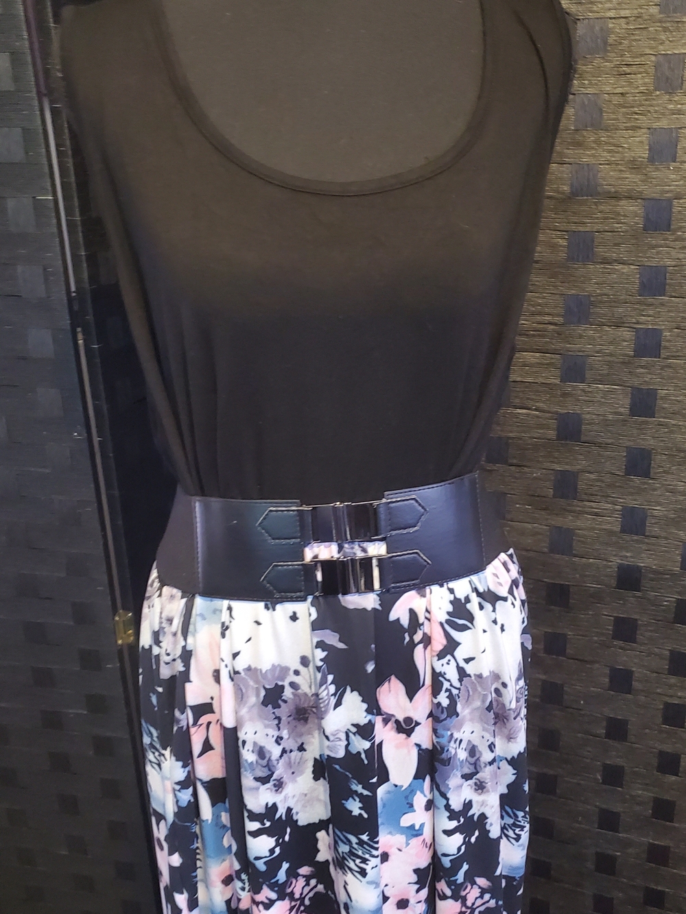 Black Floral Maxi Dress with Pink and Light Blue Blooms / Belt Not Included